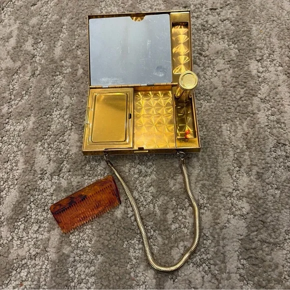 Vintage 1950’s Mother Of Pearl Brass Cosmetic Comb Lipstick Compact Case Purse - Picture 5 of 13